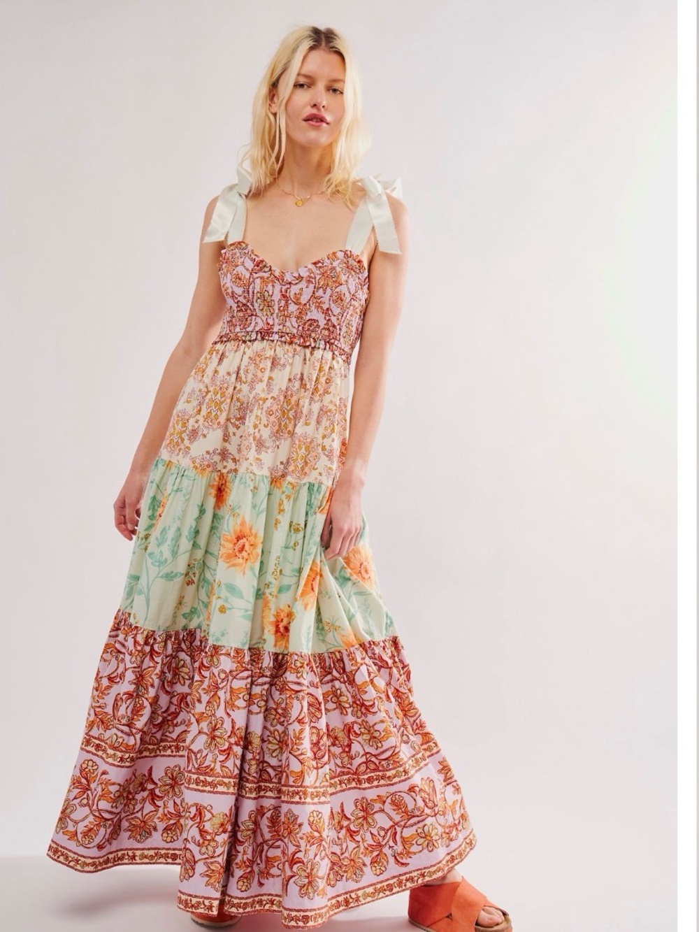 Floral Tiered Dress in Mint & Coral
